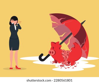 Crisis Business Concept. business woman looks at Piggy bank under the broken umbrella, finance economy fall down