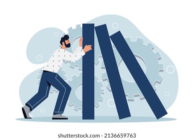 Crisis in business concept. Young man stops falling elements of company due to economic collapse. Domino effect. Bankruptcy or difficulties in entrepreneurship. Cartoon flat vector illustration