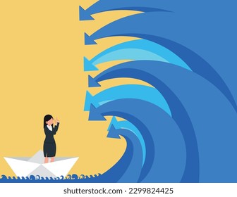 Crisis and business risks. Business woman looking arrow like falling ocean wave.