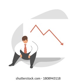 The Crisis In The Business. A Sad Man Is Sitting Next To The Chart. Vector Flat Illustration.