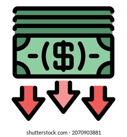 Crisis cash money icon. Outline crisis cash money vector icon color flat isolated