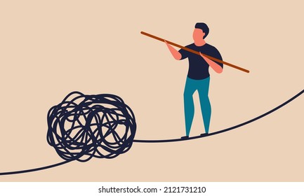 Crisis challenge management and stability balance risky. Succeed businessman survive with motivation vector illustration concept. Business achievement on danger cliff and finance wire risk future 