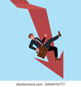 Crisis concept, Arrow graph going down and businessman is falling down.