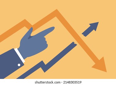 Concepto de crisis. La bancarrota con la caída del gráfico de ganancias y la disminución del dinero. Idea de decadencia y pérdidas financieras y empresariales. Ilustración vectorial plana