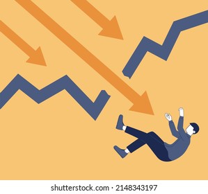 Crisis concept. Bankruptcy with falling down profit graph and money decrease. Idea of financial and business decline and losses. Flat vector illustration