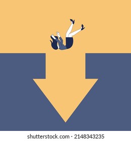 Crisis concept. Bankruptcy with falling down profit graph and money decrease. Idea of financial and business decline and losses. Flat vector illustration