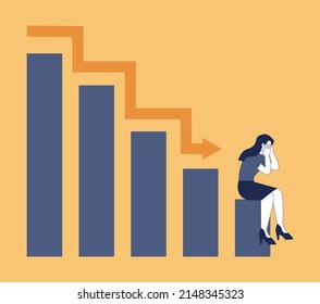 Crisis concept. Bankruptcy with falling down profit graph and money decrease. Idea of financial and business decline and losses. Flat vector illustration