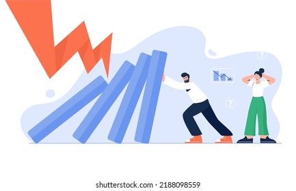 Crisis concept. Confused people try to stop falling elements due to global crises or economic collapse. Domino effect. Surviving business, company, or world concept. Vector flat illustration.