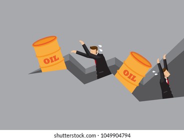 Crisis Concept illustration - Earthquake with falling oil barrels and businessmen. Business concept on oil price recession.