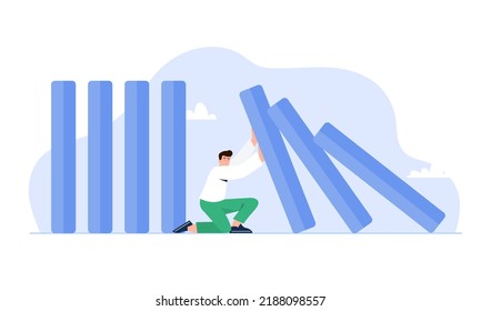 Crisis concept. A leader stops falling elements due to global crisis or economic collapse. Domino effect. Surviving business, company, or world concept. Vector flat illustration.