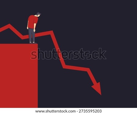 Crisis concept - man standing on the edge of a cliff and looking at a sharply falling chart. Visual metaphor of economic downturn, financial risk, instability, loss, uncertainty and business collapse.