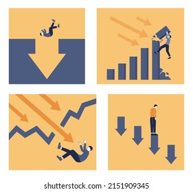 Crisis concept set. Bankruptcy with falling down profit graph and money decrease. Idea of financial and business decline and losses. Flat vector illustration