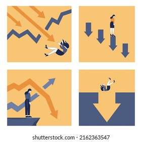 Concepto de crisis establecido. La bancarrota con la caída del gráfico de ganancias y la disminución del dinero. Idea de decadencia y pérdidas financieras y empresariales. Ilustración vectorial plana