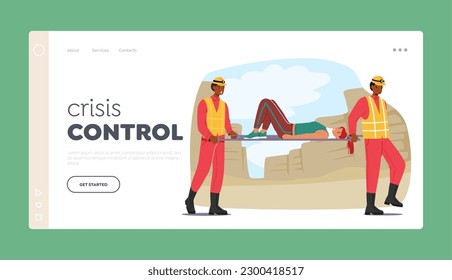 Crisis Control Landing Page Template. Rescuer Characters Carry Woman With A Neck Fracture On A Stretcher, To Safely Transport Her To Medical Assistance. Cartoon People Vector Illustration