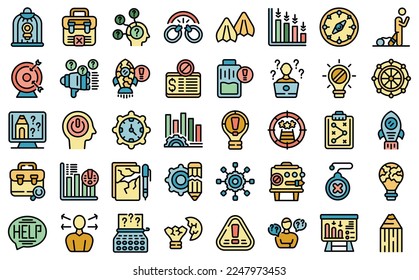 Crisis creativity icons set outline vector. Creative ideas. Mental creative color flat