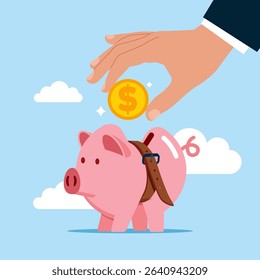Crisis. Dangerous investment. Hand putting coin a piggy bank which tighten belt. Modern vector illustration in flat style