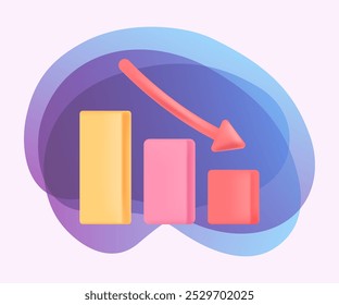 Krise Drop von Pfeil nach unten nach Rückgang im Diagramm 3D-Symbol. Absteigender Graph mit bunten Balken 3D-Vektorgrafik auf abstraktem Hintergrund. Abnahme, negatives Prognosekonzept
