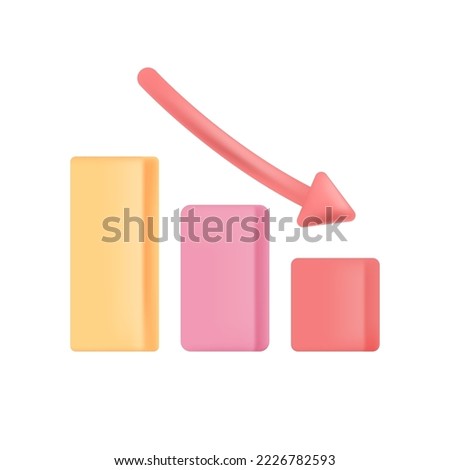 Crisis drop of arrow down following decrease in chart 3D icon. Descending graph with yellow, pink and yellow bars 3D vector illustration on white background. Decline, negative forecast concept