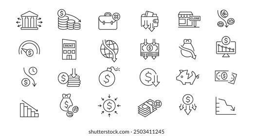 Crisis of economy and bankruptcy icons set. Debt, loss, down, inflation. Vector stock.