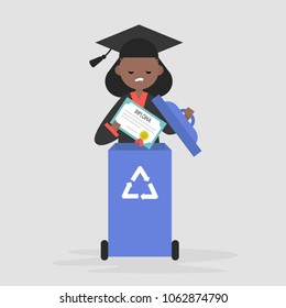 Crisis of education. Disappointed female black graduate throwing out the diploma. Paper recycling container. Flat editable vector illustration, clip art 