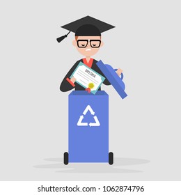 Crisis of education. Disappointed graduate throwing out the diploma. Paper recycling container. Flat editable vector illustration, clip art 