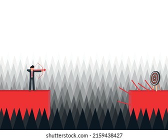 Crisis effort or achieving goals during a crisis. financial crisis and economic recession, businessman shooting an arrow