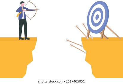 Crisis effort or achieving goals during a crisis. financial crisis and economic recession, businessman shooting an arrow


