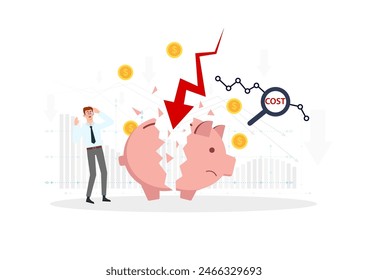 Crisis financial concept, Economic recession, financial crisis and loosing money, Businessman shocked by broken piggy bank.