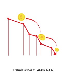 Crise. Gráficos e modelos de gráficos. Infográficos de negócios. Estatística e dados, falência, crise financeira, perda de dinheiro, seta para baixo, redução da economia. Gráfico financeiro. Ilustração vetorial.