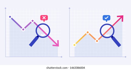 Crisis and growth analytics. Business analyst, financial stabilization and sales arrow graph prediction. Development, stock or investment analytics statistics flat vector illustration