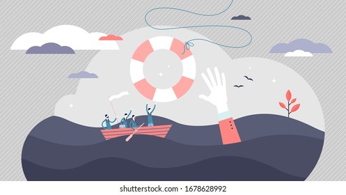 Crisis help vector illustration. Economical business support tiny persons concept. Government money assistance in coronavirus Covid-19 pandemic caused bankruptcy. Metaphoric scene with sinking boat.