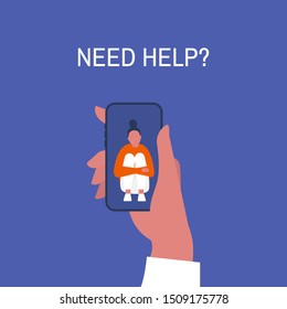 Crisis hotline. Need help? Hand holding a smartphone. New technologies. Therapy. Appointment. Mental health. Millennials. Young lonely female character hugging her knees. 