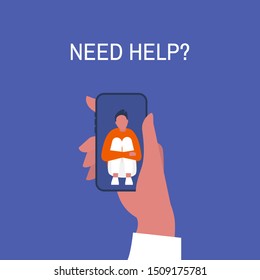 Crisis hotline. Need help? Hand holding a smartphone. New technologies. Therapy. Appointment. Mental health. Millennials. Young lonely male character hugging his knees. 