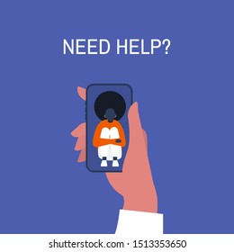 Crisis hotline. Need help? Hand holding a smartphone. New technologies. Therapy. Appointment. Mental health. Millennials. Young lonely black female character hugging her knees. 