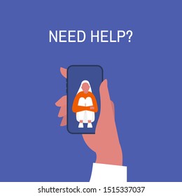 Crisis hotline. Need help? Hand holding a smartphone. New technologies. Therapy. Appointment. Mental health. Millennials. Young lonely female character hugging her knees. 