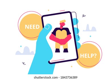 Crisis hotline. Need help? Hand holding a smartphone. New technologies. Therapy. Appointment. Mental health. Millennials. Young lonely male character hugging his knees.