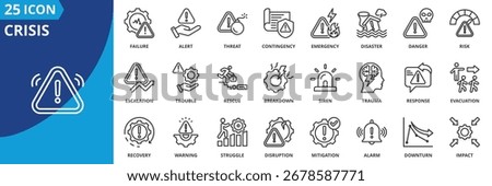 Crisis icon set collection in outline style. Icon pack contains crisis, emergency, disaster, danger, threat, risk, alert, failure, breakdown, trauma