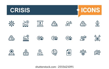 Crisis icons set in line style. It contains symbols to report, risk, chart, money, decrease, fail, bankruptcy, arrow. Set of line pictogram. Editable vector icon and illustration.