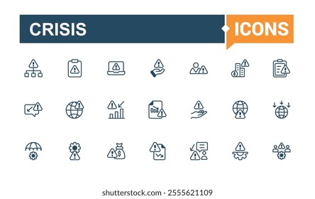 Crisis icons set in line style. It contains symbols to report, risk, chart, money, decrease, fail, bankruptcy, arrow. Set of line pictogram. Editable vector icon and illustration.