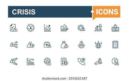 Crisis icons set in line style. It contains symbols to report, risk, chart, money, decrease, fail, bankruptcy, arrow. Set of line pictogram. Editable vector icon and illustration.