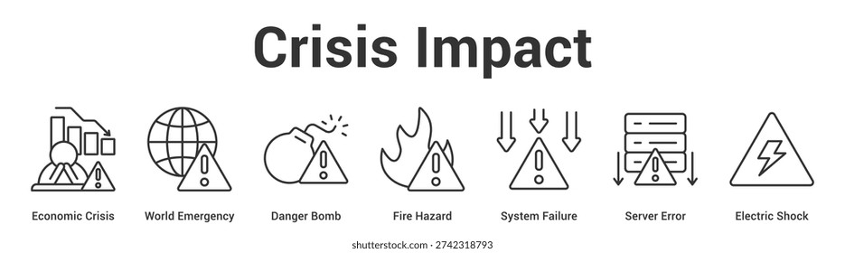Crisis Impact web banner icon set vector illustration concept for business with icon of Economic Crisis, World Emergency, Danger Bomb, Fire Hazard, System Failure, Server Err.