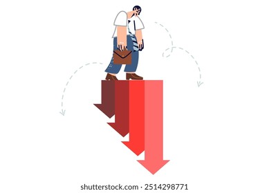 Crisis inflation causes increase in expenses for man walking along increasing negative schedule. Financial recession and inflation cause depression in bankrupt businessman in need of help