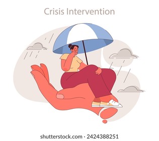 Crisis Intervention concept. A person seeks shelter under an umbrella, a metaphor for emotional support.