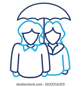 Icono de intervención de crisis representado por una chica que apoya a su amiga, estilo paraguas Dual Line.