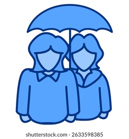 Crisis Intervention icon represented by girl supporting her friend, umbrella Blue style.