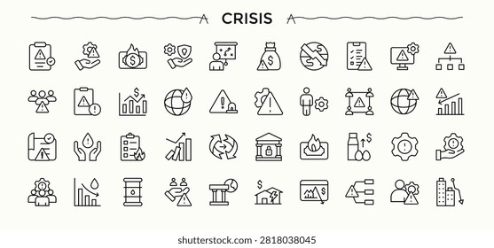 Crisis linear icon collection. Perfect for logos and infographic. Vector collections. Bankrupt line icon set. Featuring risk, fall, fail, bankrupt, plan, financial and more.