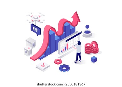 Conceito isométrico 3d de gestão de crises em design gráfico de geometria para web. Pessoas fazendo análise financeira, controle e minimizar problemas financeiros, escolhendo estratégia de eficiência. Ilustração vetorial.