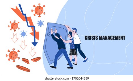 Crisis Management Amid Financial Difficulties Caused By Coronavirus With Business People Protecting Company And Savings. Economic Recovery In A Pandemic Web Banner. Cartoon Vector Illustration. 