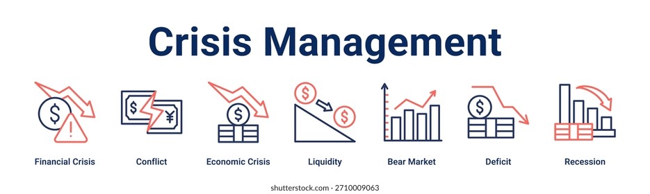 Crisis Management banner web icon vector illustration concept for business with icon of Financial Crisis, Conflict, Economic Crisis, Liquidity, Bear Market, Deficit.