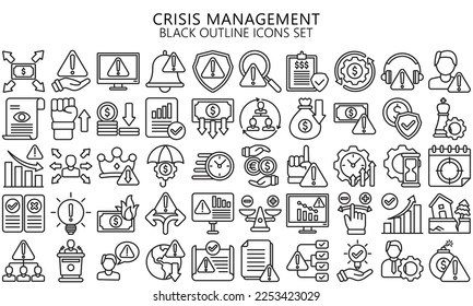 crisis management black outline icons set. contain finance, business, document, warning, money and more. Vector EPS 10 ready convert to SVG. use for modern concept, UI or UX kit, web and app svg